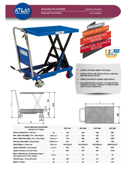 ATLAS ATP300 Makaslı Platform, Kaldırma Kapasitesi 300kg