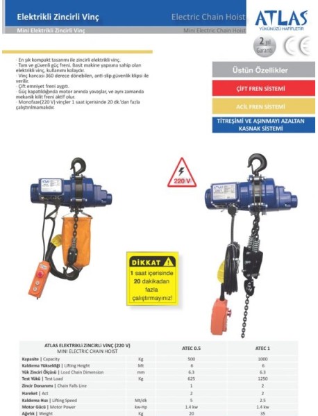 ATLAS ATEC1 Elektrikli Zincirli Vinç, 1 Ton kapasite 220 Volt